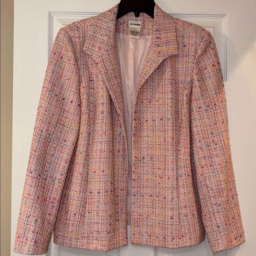 Liz Baker Pink Rainbow Tweed Tailored Open Front Blazer Jacket womens size 14